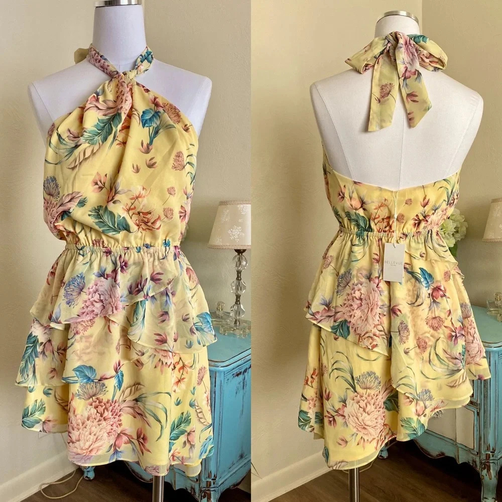 Yellow Floral Halter Mini Dress